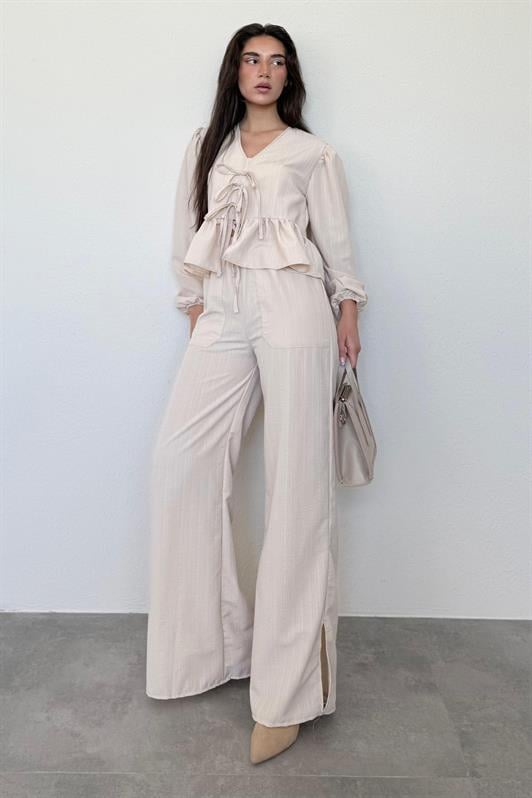MDX Beige Front Tied Blouse Pants Suit MG2343 - Los Angeles