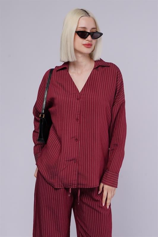 MDX Burgundy Long Sleeve Striped Shirt Pants Set MG2329 - Long Eaton