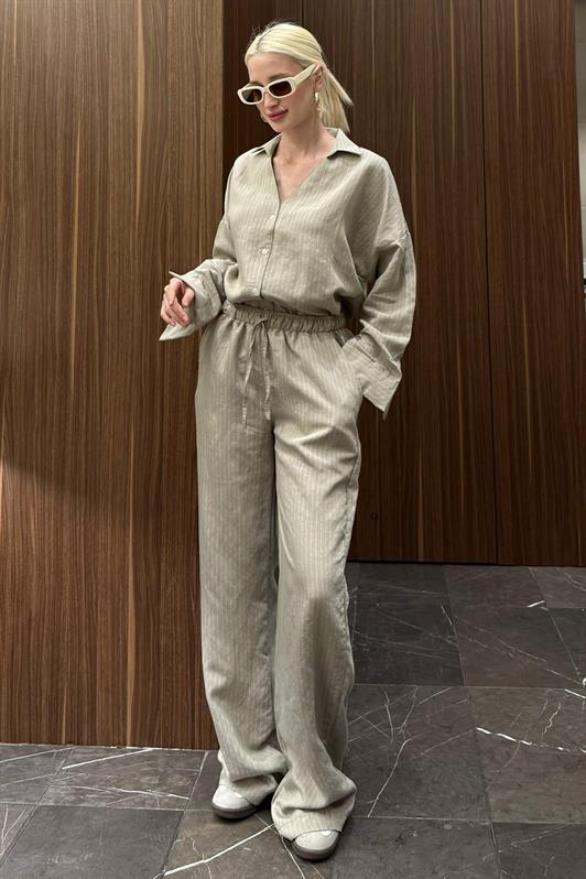 MDX Beige Striped Long Sleeve Shirt Pants Set MG2329 - Altadena