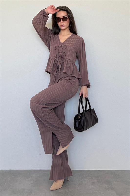 MDX Brown Front Tied Blouse Pants Suit MG2343 - Châlons-en-Champagne