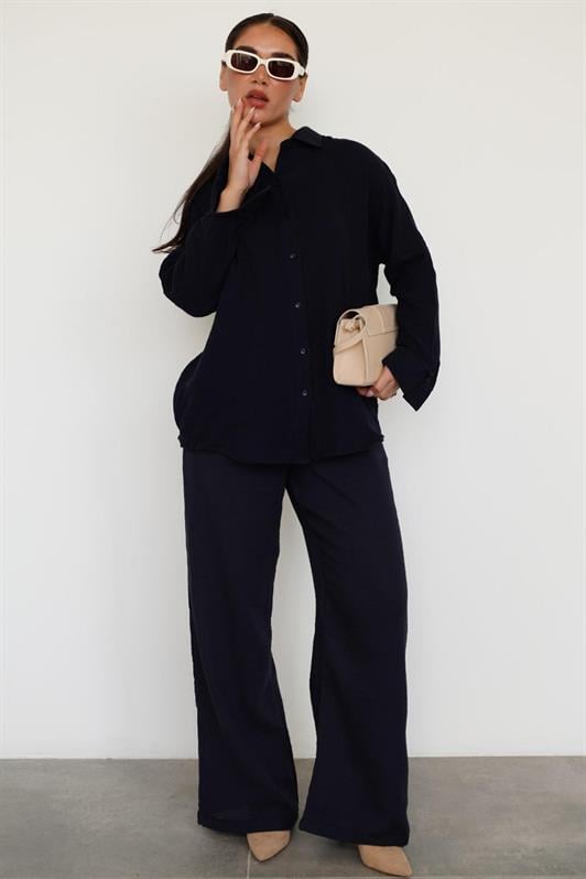 MDX Navy Blue Basic Women's Shirt and Pants Suit Mg2461 - Craiova