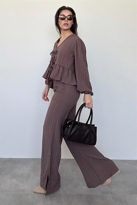 MDX Brown Front Tied Blouse Pants Suit MG2343 - Châlons-en-Champagne