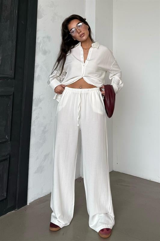 MDX Ecru Linen Women's Shirt Pants Set Mg2356 - Minatitlán