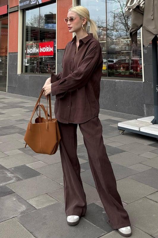 MDX Painful Brown Basic Women's Shirt Pants Set Mg2352 - Peoria