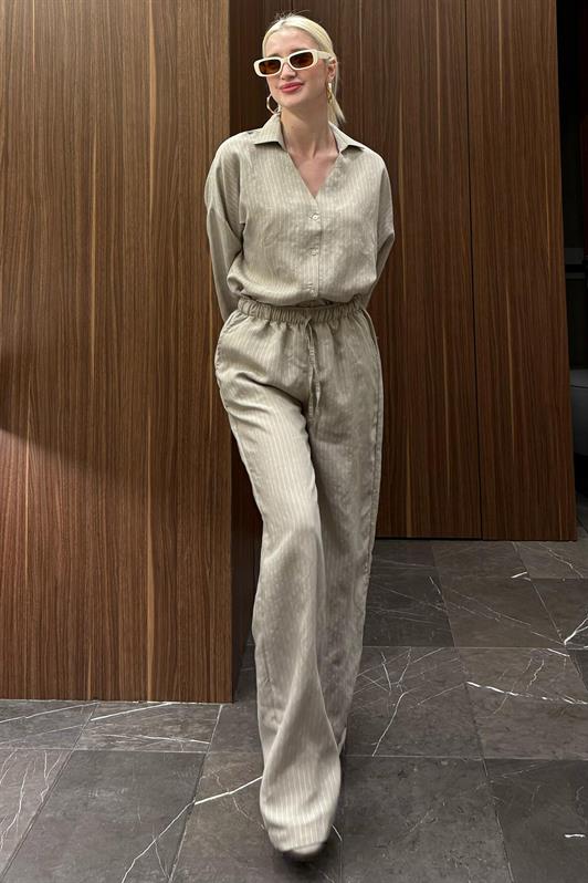 MDX Beige Striped Long Sleeve Shirt Pants Set MG2329 - Altadena