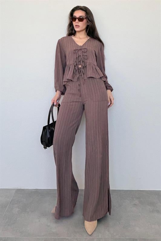 MDX Brown Front Tied Blouse Pants Suit MG2343 - Châlons-en-Champagne