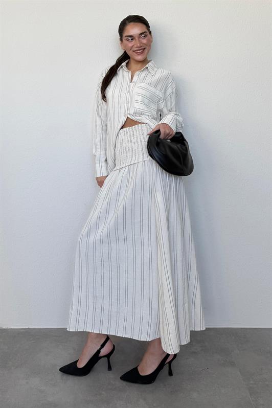 MDX Ecru Striped Linen Skirt Shirt Set Mg2447 - Covilhã