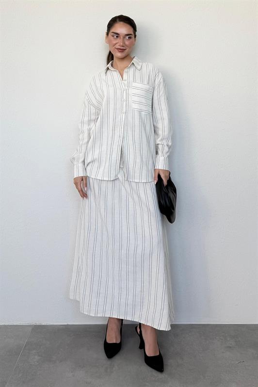 MDX Ecru Striped Linen Skirt Shirt Set Mg2447 - Covilhã