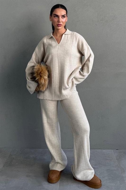 MDX Beige Comfortable Cut Detailed Women's Knitwear Set MG2584 - Suffolk