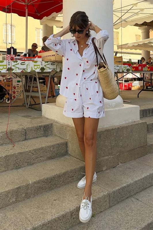 MDX White Strawberry Patterned Women's Shorts Shirt Set MG2406 - Lake Oswego