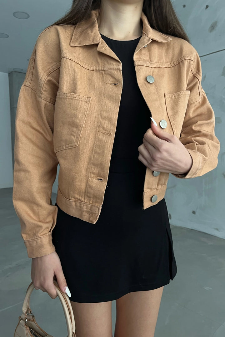 Cinnamon Double Pocket Crop Washed Denim Jacket BCDF-235401 - Shrewsbury