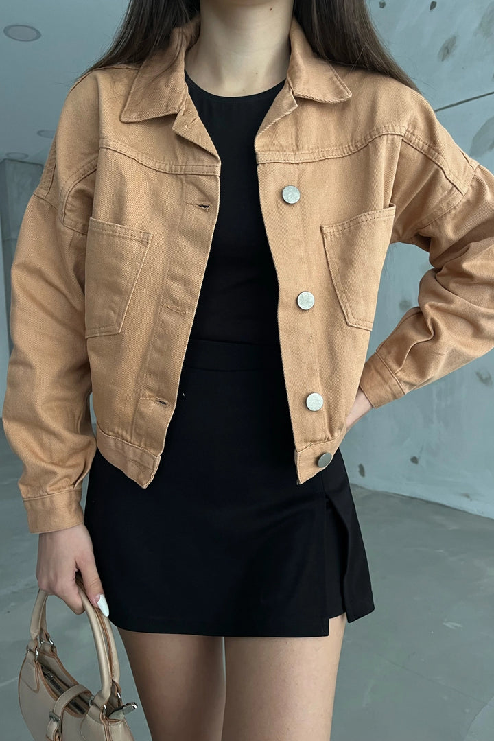 Cinnamon Double Pocket Crop Washed Denim Jacket BCDF-235401 - Shrewsbury