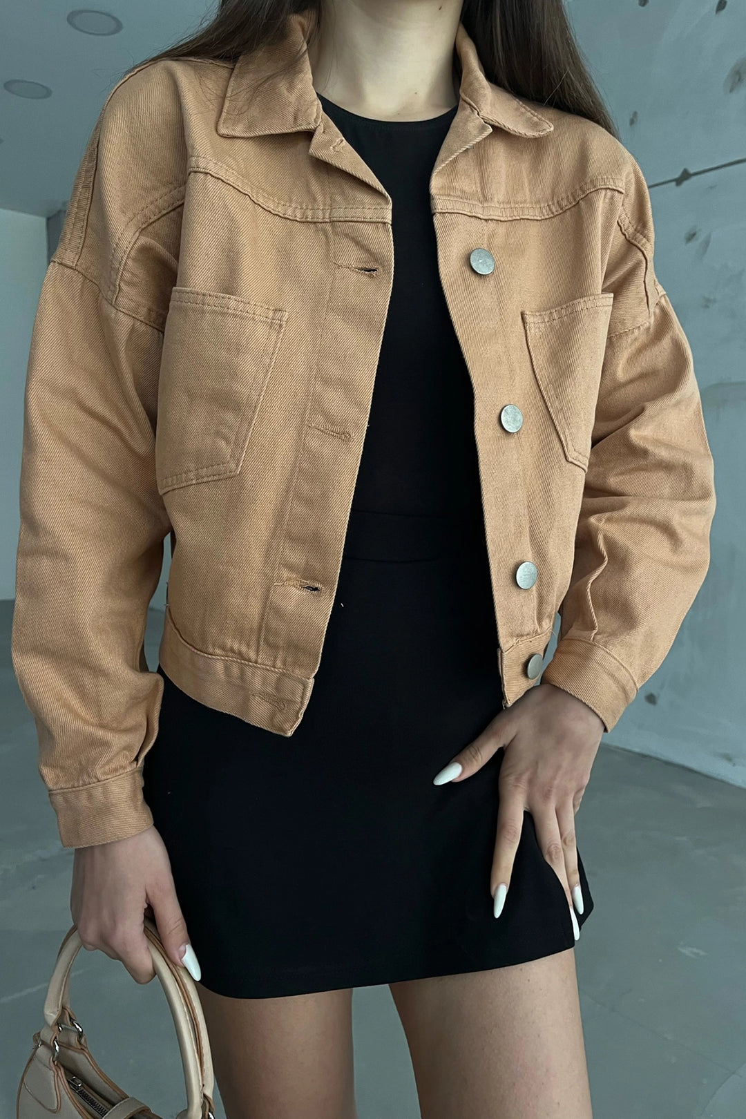 Cinnamon Double Pocket Crop Washed Denim Jacket BCDF-235401 - Shrewsbury
