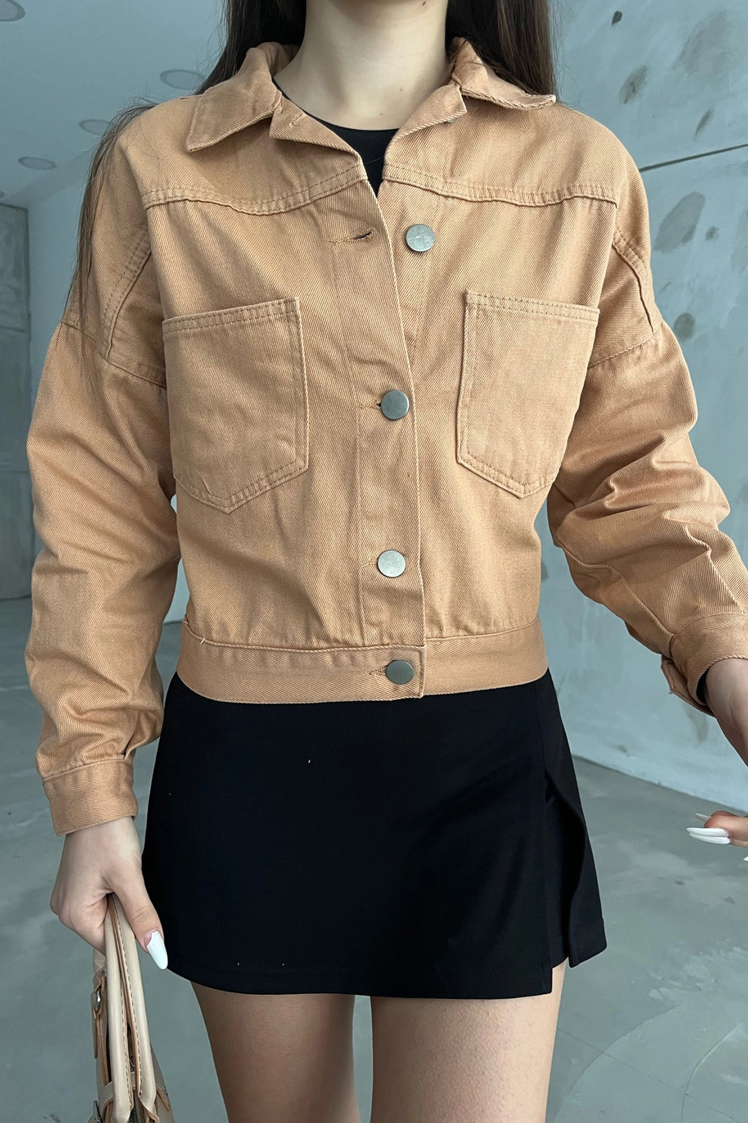 Cinnamon Double Pocket Crop Washed Denim Jacket BCDF-235401 - Shrewsbury