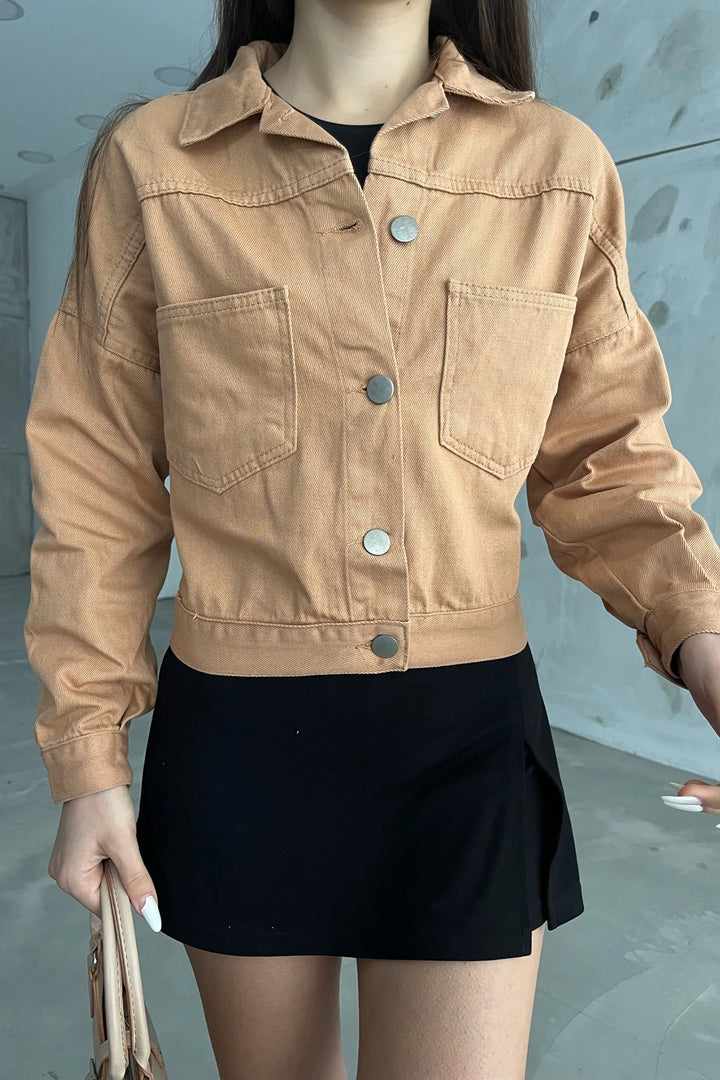 Cinnamon Double Pocket Crop Washed Denim Jacket BCDF-235401 - Shrewsbury
