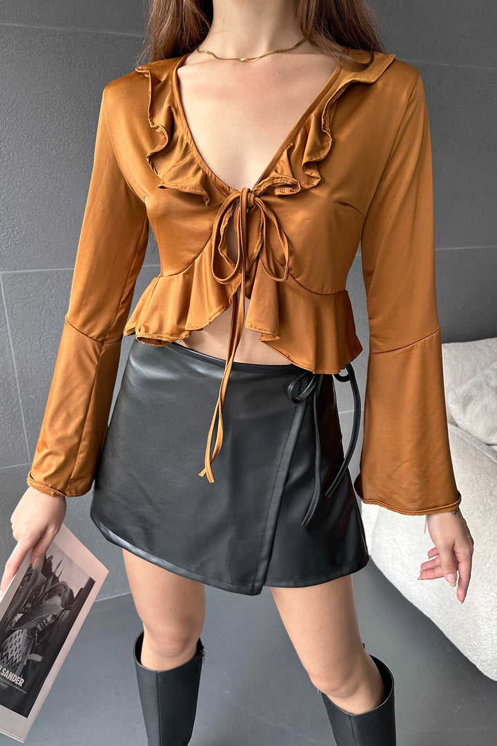 Cinnamon Ruffle Detailed Front Tied Crop Blouse BCDF-242104 - Westfield