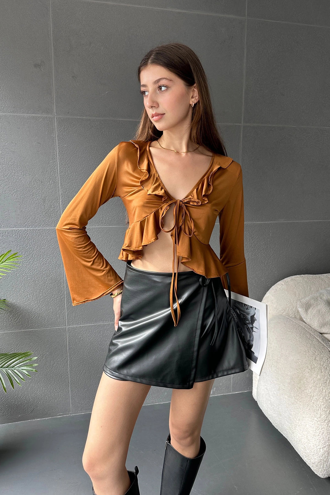 Cinnamon Ruffle Detailed Front Tied Crop Blouse BCDF-242104 - Westfield