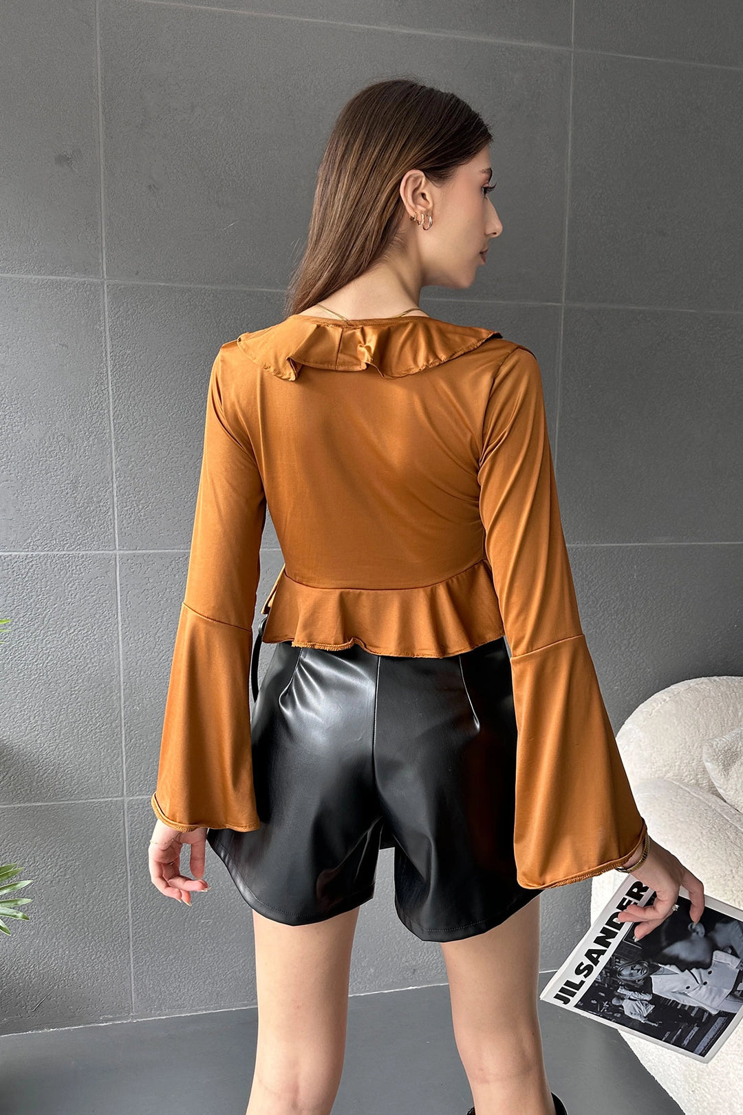 Cinnamon Ruffle Detailed Front Tied Crop Blouse BCDF-242104 - Westfield