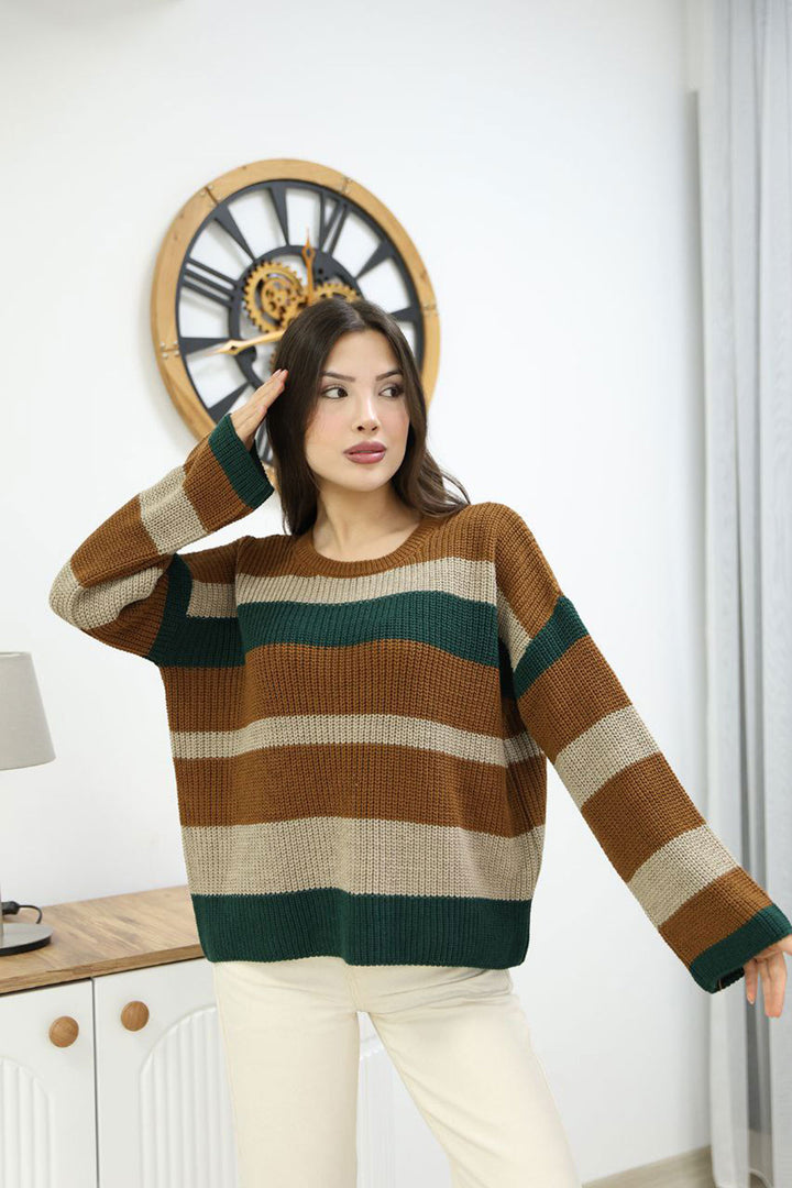 Cinnamon Coffee Bicycle Collar Striped Patterned Sweater BCES-252006 - Jurupa Valley