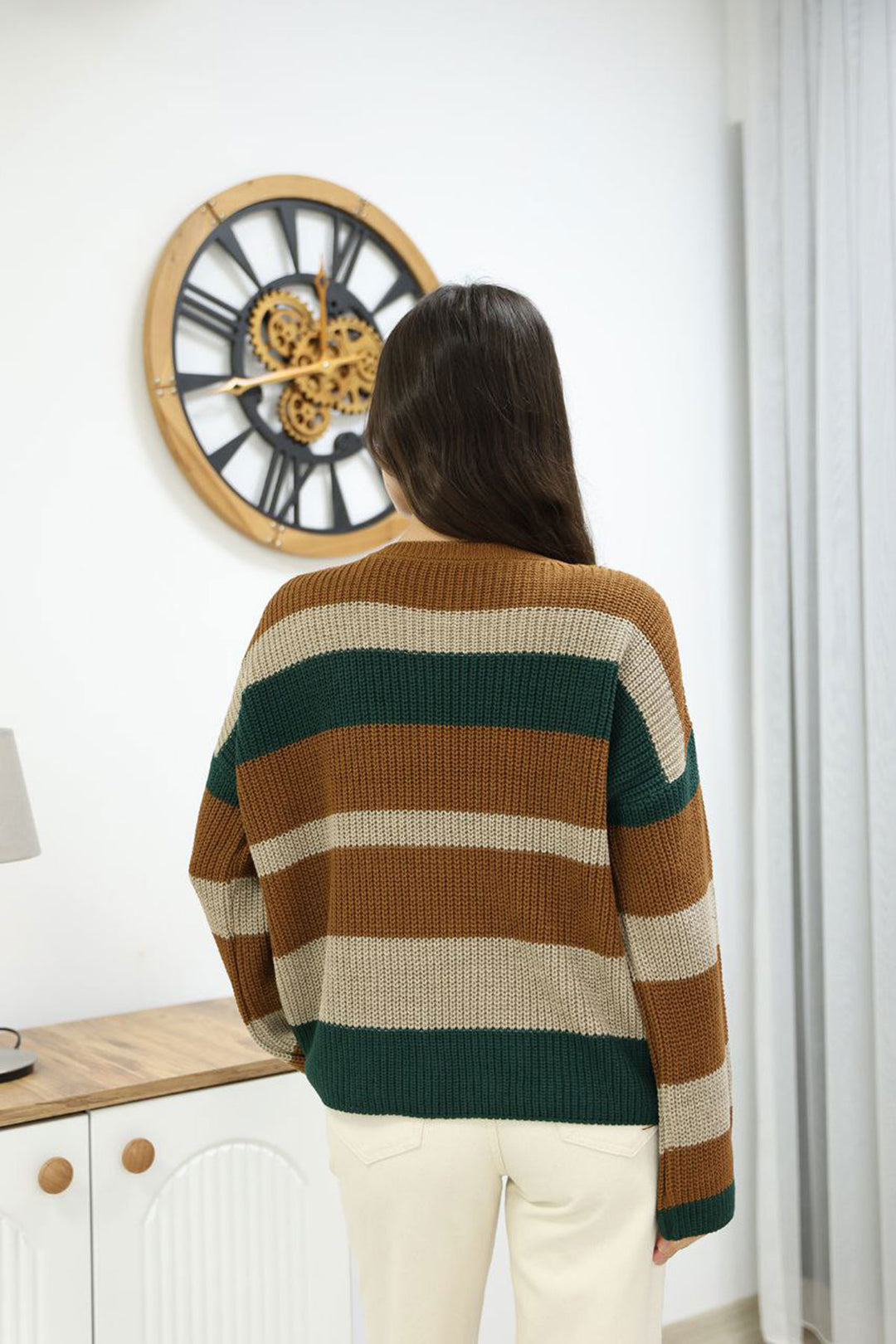 Cinnamon Coffee Bicycle Collar Striped Patterned Sweater BCES-252006 - Jurupa Valley
