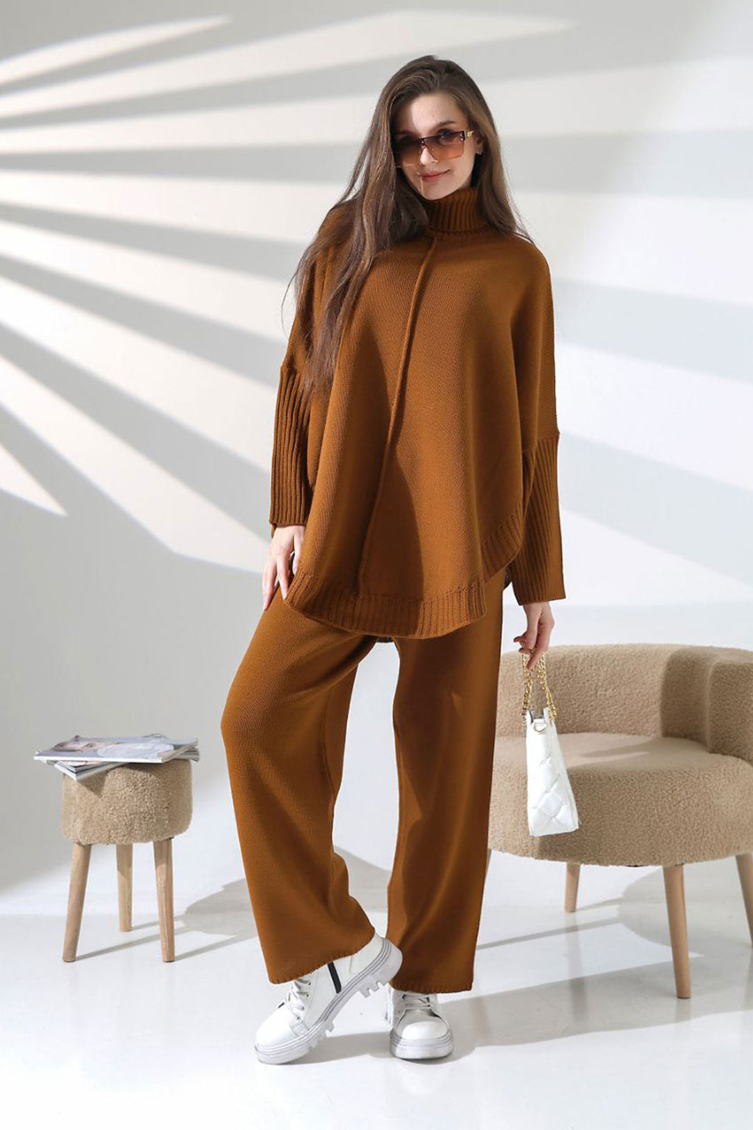 Cinnamon Coffee Funnel Neck Loose Fit Sweater and Slim Fit Pants Top Bottom Knit Set BCES-252033 - Toretsk