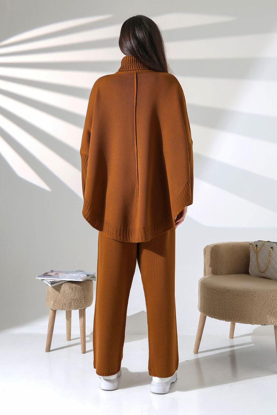 Cinnamon Coffee Funnel Neck Loose Fit Sweater and Slim Fit Pants Top Bottom Knit Set BCES-252033 - Toretsk