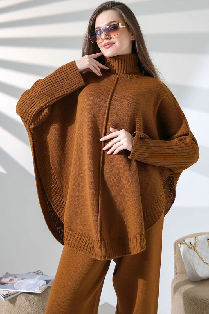 Cinnamon Coffee Funnel Neck Loose Fit Sweater and Slim Fit Pants Top Bottom Knit Set BCES-252033 - Toretsk