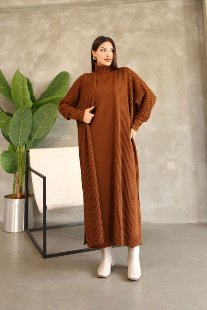 Cinnamon Coffee Turtleneck Long Sleeve Knit Dress and Long Cardigan Hijab Top Bottom Knit Set BCES-252039 - Siegburg
