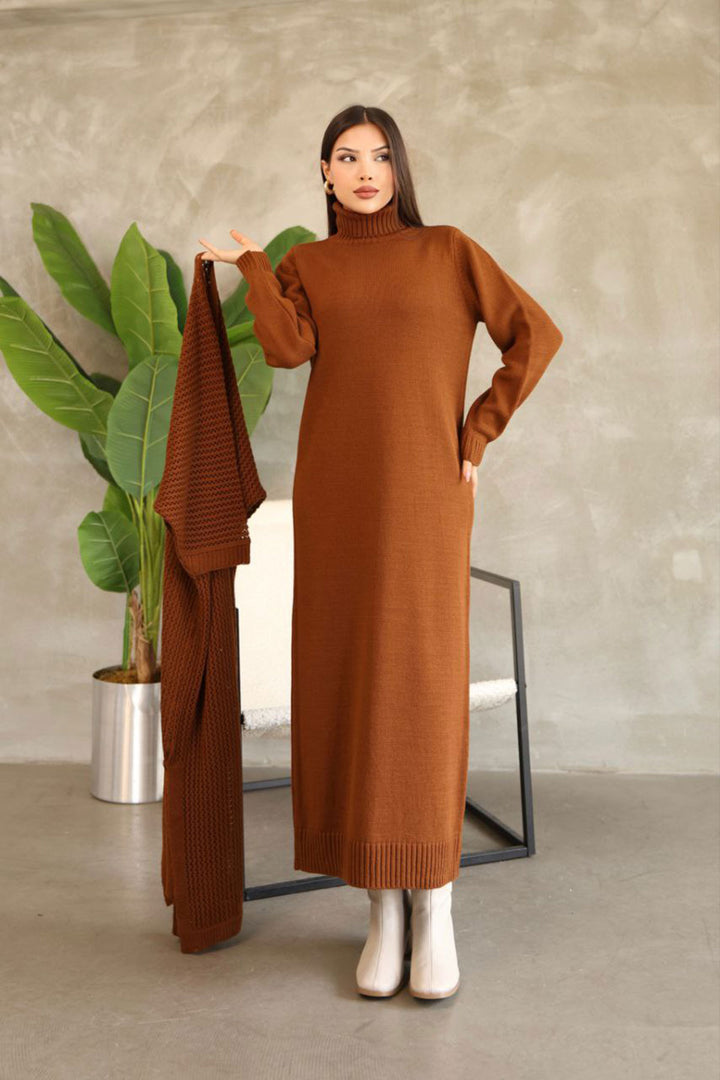 Cinnamon Coffee Turtleneck Long Sleeve Knit Dress and Long Cardigan Hijab Top Bottom Knit Set BCES-252039 - Siegburg