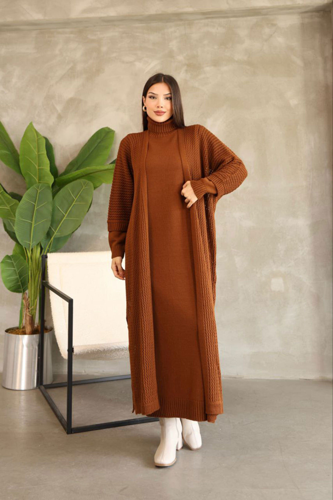 Cinnamon Coffee Turtleneck Long Sleeve Knit Dress and Long Cardigan Hijab Top Bottom Knit Set BCES-252039 - Siegburg