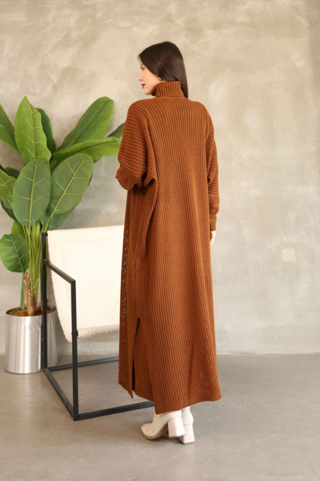 Cinnamon Coffee Turtleneck Long Sleeve Knit Dress and Long Cardigan Hijab Top Bottom Knit Set BCES-252039 - Siegburg