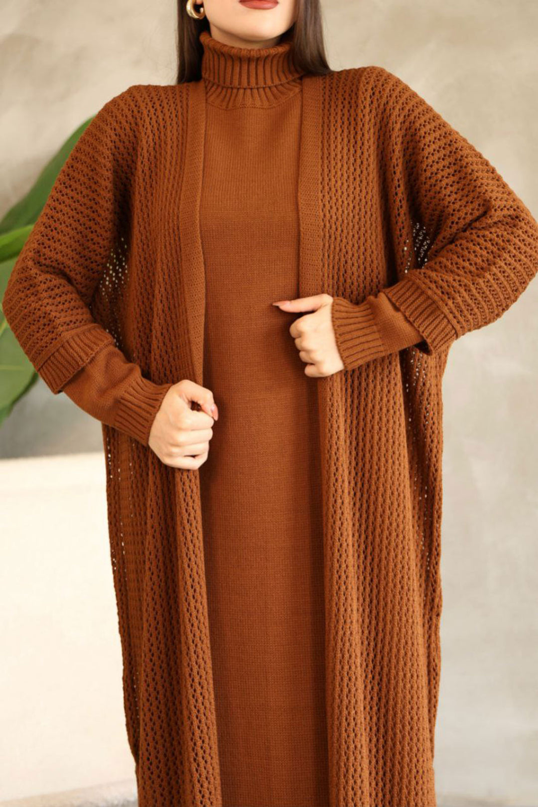 Cinnamon Coffee Turtleneck Long Sleeve Knit Dress and Long Cardigan Hijab Top Bottom Knit Set BCES-252039 - Siegburg