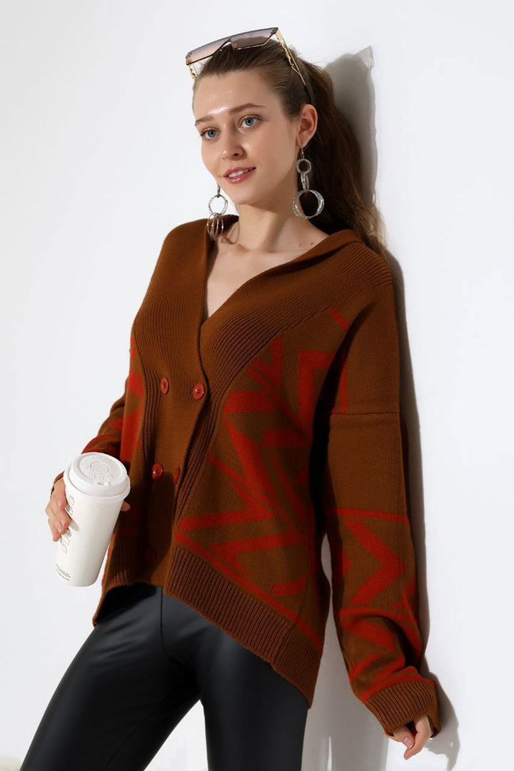 Cinnamon Coffee Double Button Detailed Patterned Knit Cardigan BCES-252021 - Taylorsville