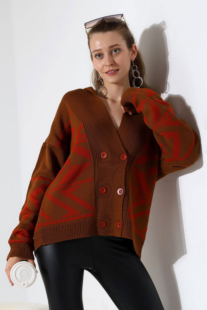 Cinnamon Coffee Double Button Detailed Patterned Knit Cardigan BCES-252021 - Taylorsville