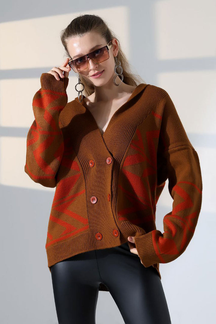 Cinnamon Coffee Double Button Detailed Patterned Knit Cardigan BCES-252021 - Taylorsville