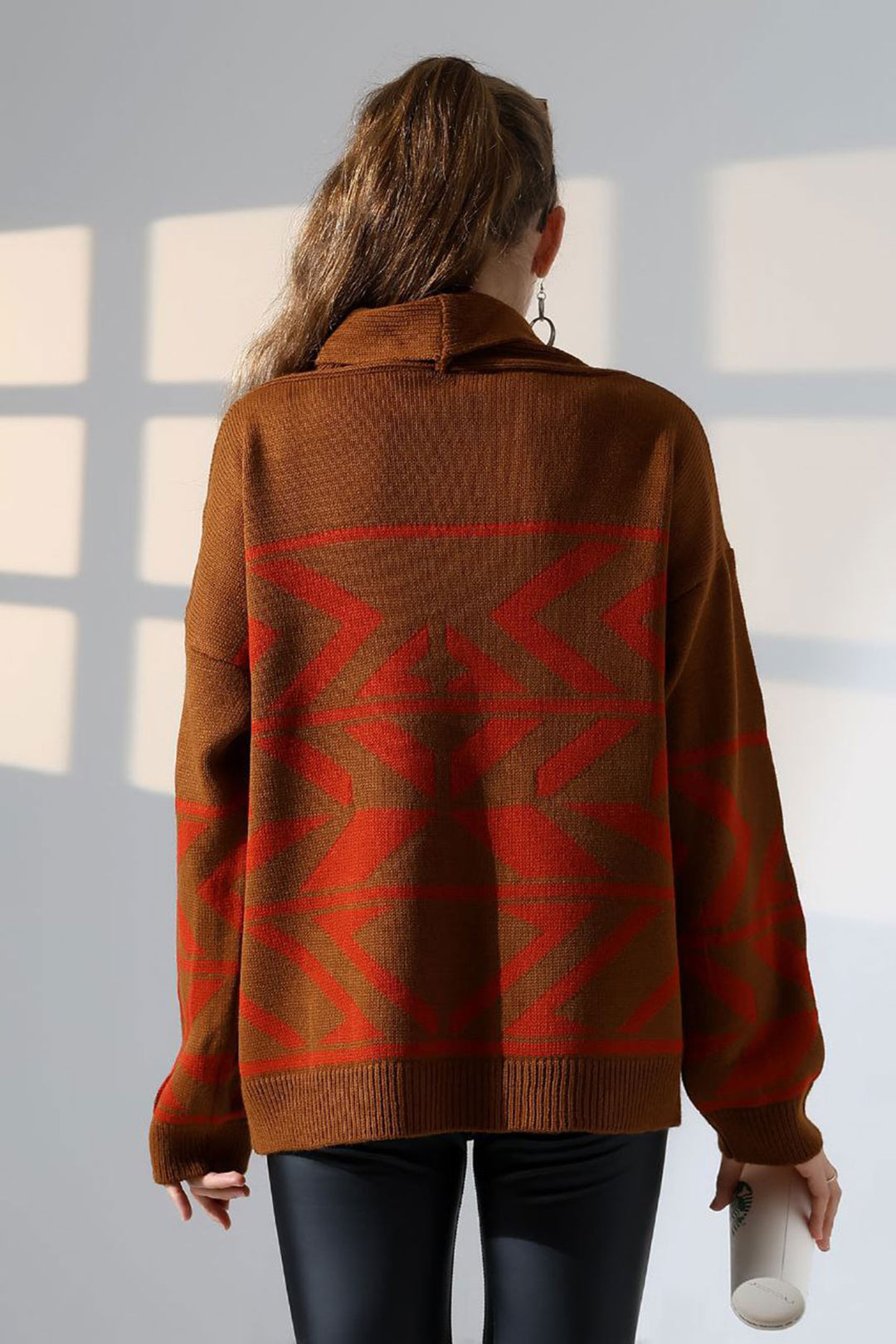 Cinnamon Coffee Double Button Detailed Patterned Knit Cardigan BCES-252021 - Taylorsville