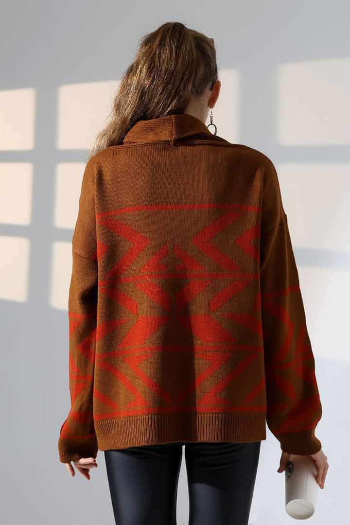 Cinnamon Coffee Double Button Detailed Patterned Knit Cardigan BCES-252021 - Taylorsville