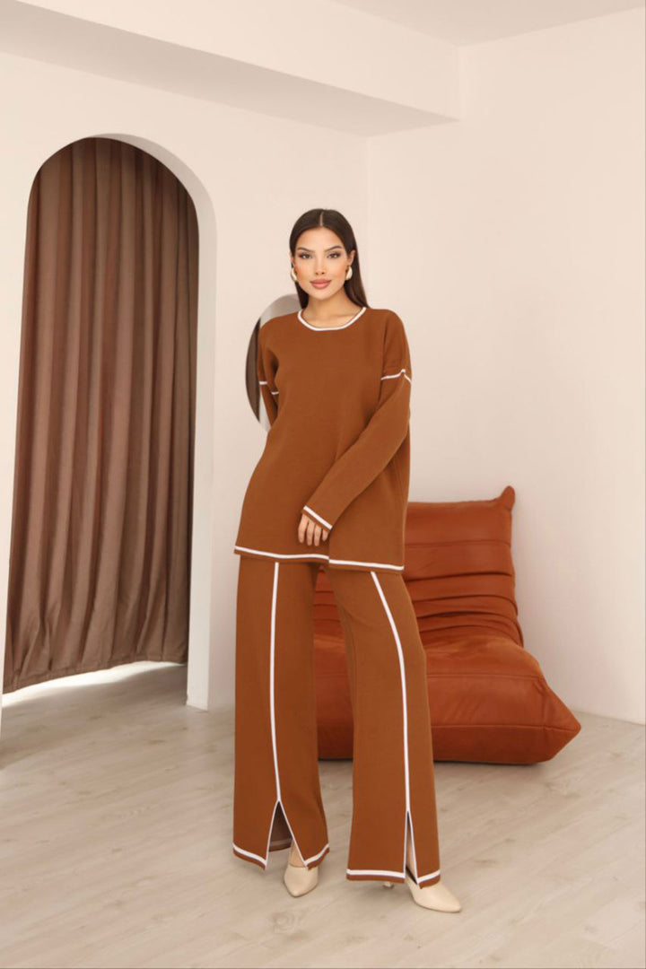 Tarçın Kahve Çizgi Desenli Triko Kazak Ve Yırtmaçlı Pantolon Triko Alt Üst Takım BCES-253008 - Tula de Allende