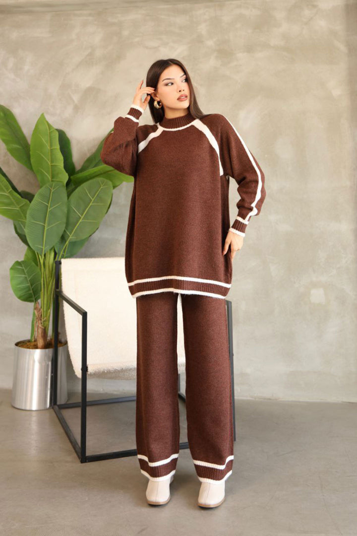 Cinnamon Coffee Striped Detailed Tunic with Bicycle Collar and Wide Leg Knit Top and Bottom Set BCES-252030 - Evans