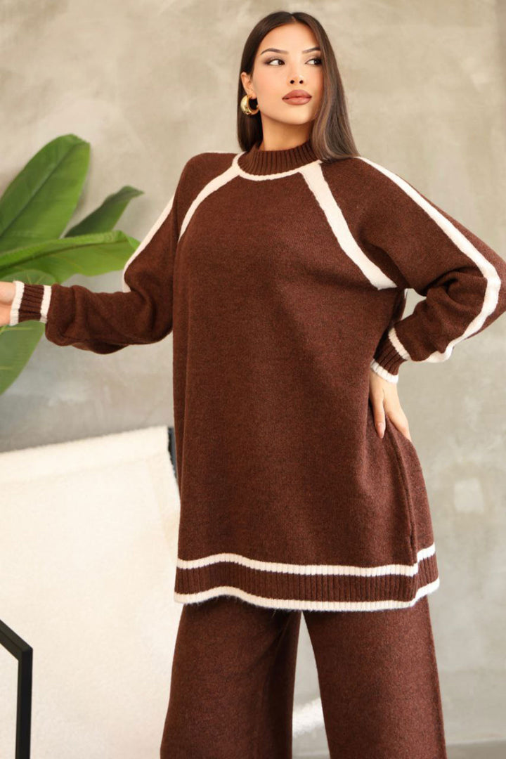 Cinnamon Coffee Striped Detailed Tunic with Bicycle Collar and Wide Leg Knit Top and Bottom Set BCES-252030 - Evans