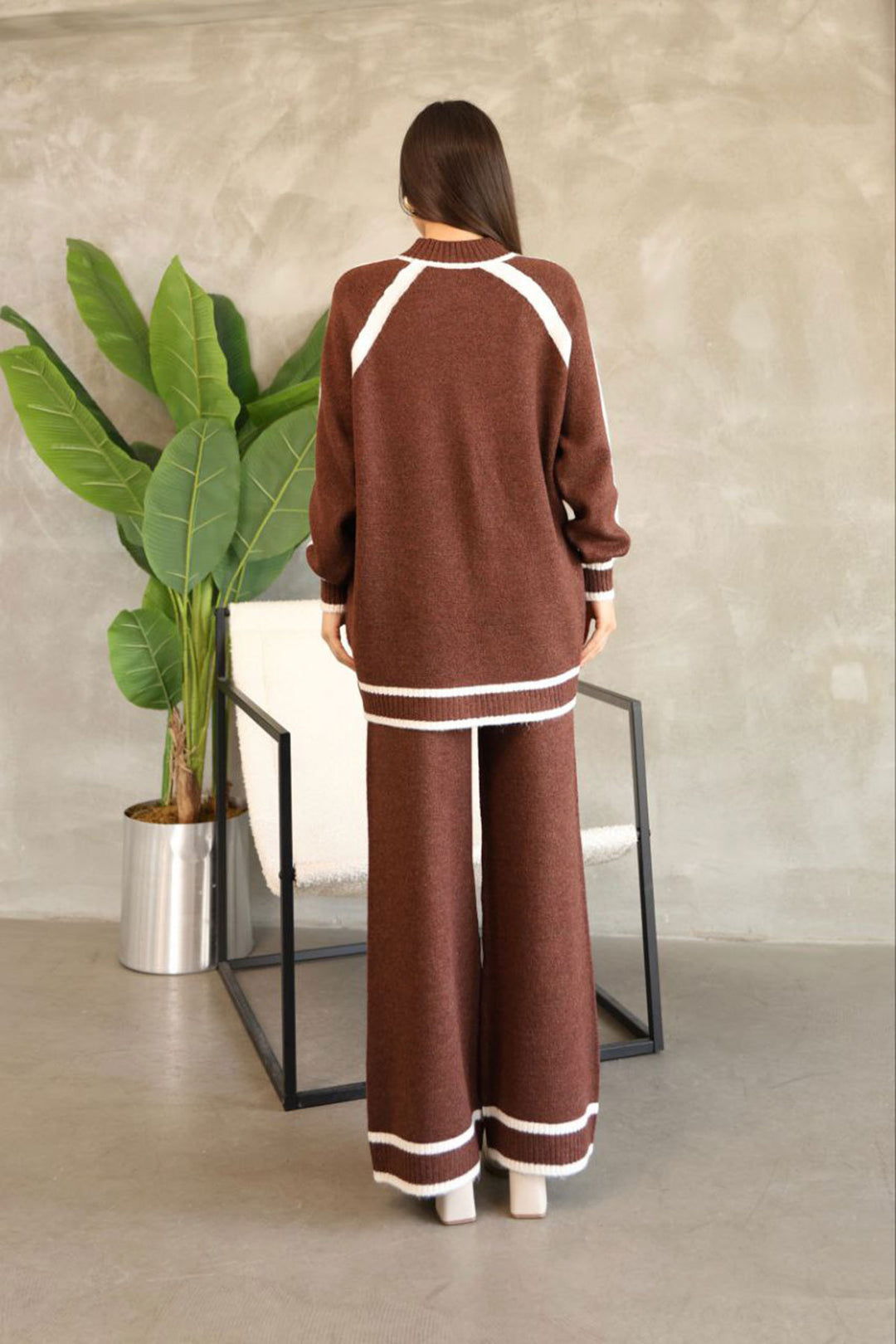 Cinnamon Coffee Striped Detailed Tunic with Bicycle Collar and Wide Leg Knit Top and Bottom Set BCES-252030 - Evans