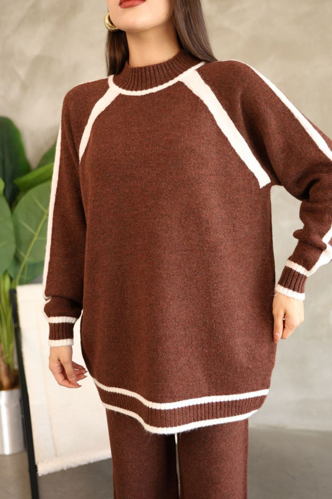 Cinnamon Coffee Striped Detailed Tunic with Bicycle Collar and Wide Leg Knit Top and Bottom Set BCES-252030 - Evans