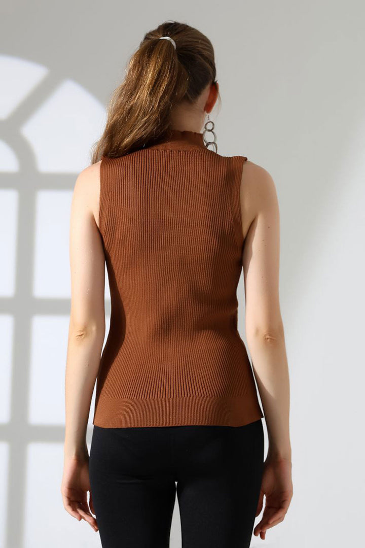 Cinnamon Coffee High Neck Sleeveless Patterned Knit Blouse BCES-252001 - Lincoln