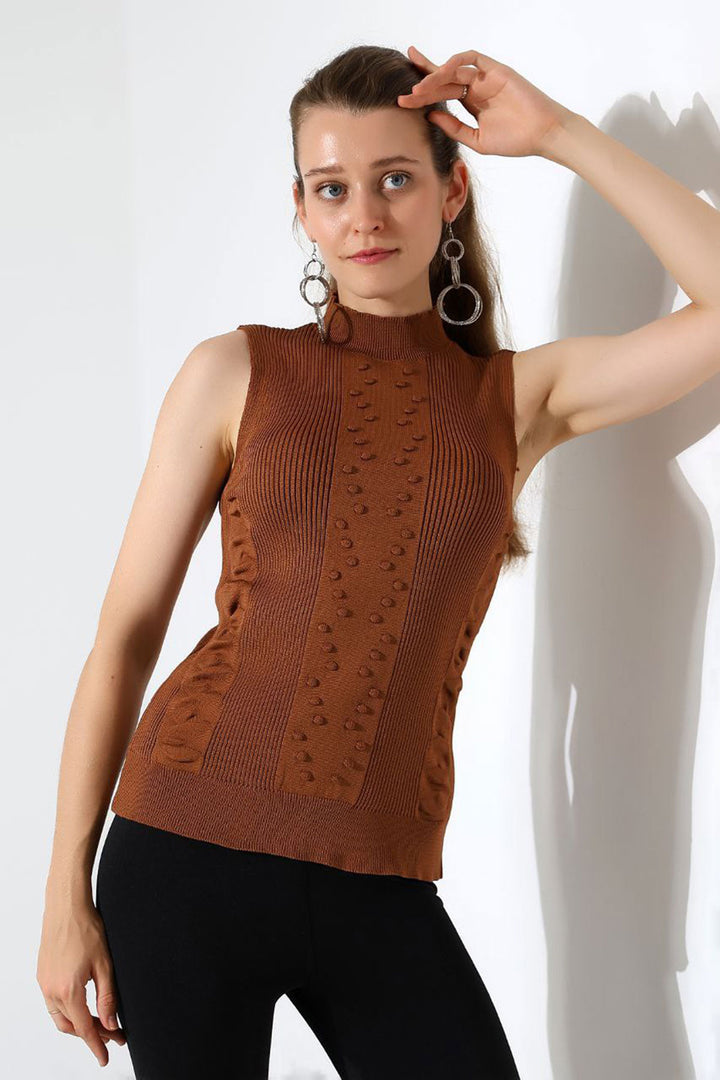 Cinnamon Coffee High Neck Sleeveless Patterned Knit Blouse BCES-252001 - Lincoln