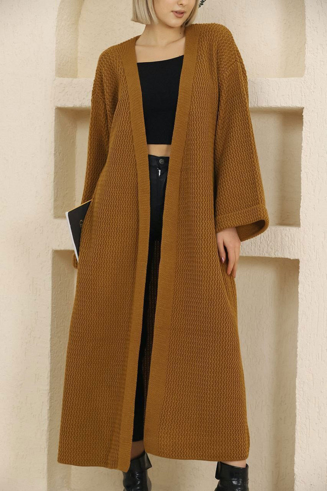 Cinnamon Coffee Double Pocket Long Sleeve Hijab Cardigan BCES-253000 - Fareham