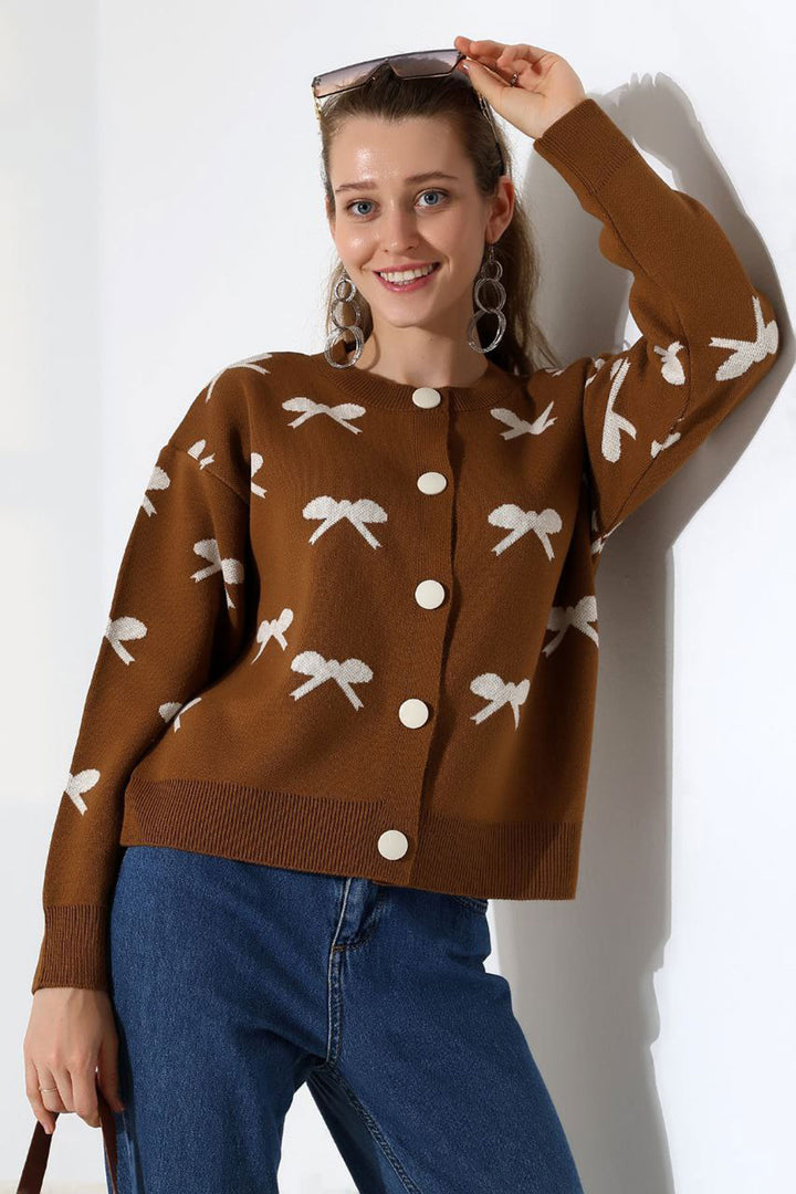 Cinnamon Coffee Bow Patterned Buttoned Cardigan BCES-252044 - Gennevilliers