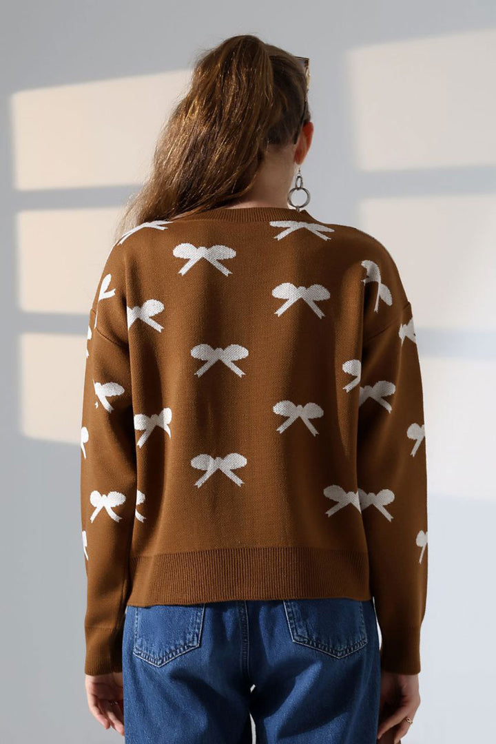 Cinnamon Coffee Bow Patterned Buttoned Cardigan BCES-252044 - Gennevilliers