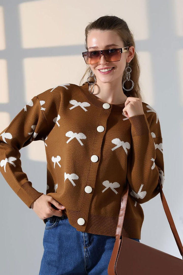 Cinnamon Coffee Bow Patterned Buttoned Cardigan BCES-252044 - Gennevilliers