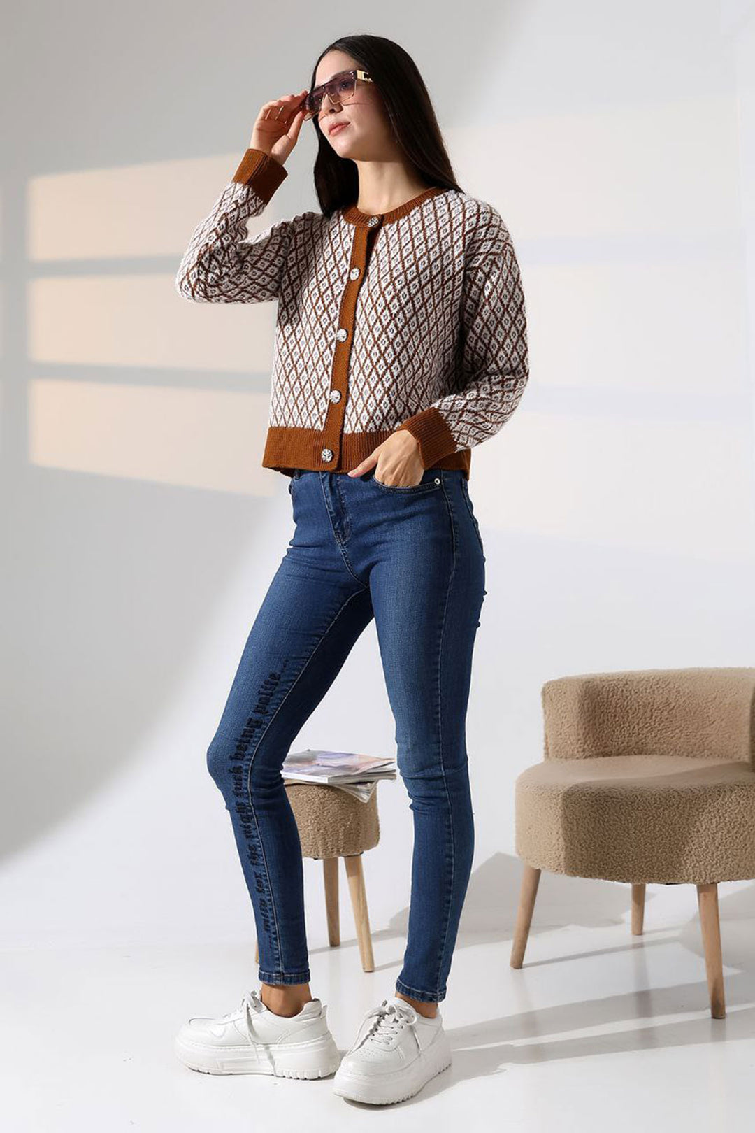 Cinnamon Coffee Square Line Patterned Buttoned Cardigan BCES-252004 - East Los Angeles