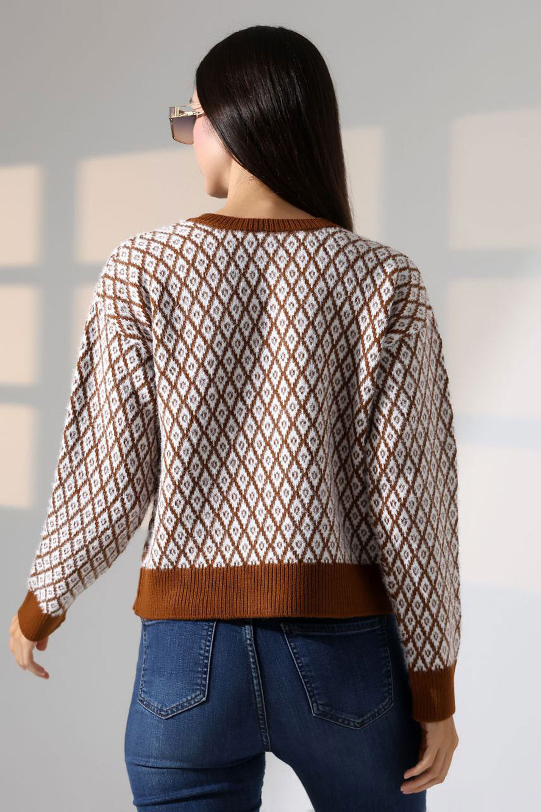 Cinnamon Coffee Square Line Patterned Buttoned Cardigan BCES-252004 - East Los Angeles